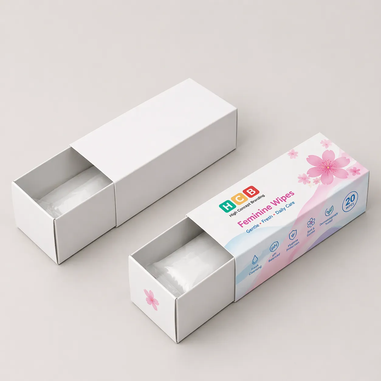 Two cardboard shipping boxes, one plain white and one with pink floral feminine wipes branding. class=